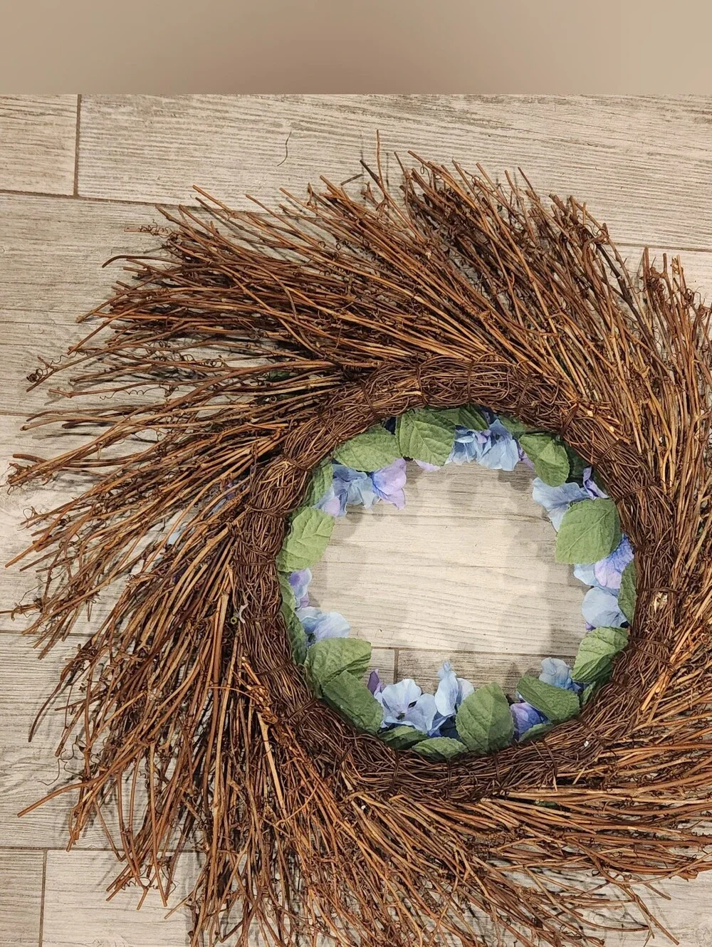 Handmade Summer Blue Hydrangea Grapevine Wreath Rustic Farmhouse Door Decor